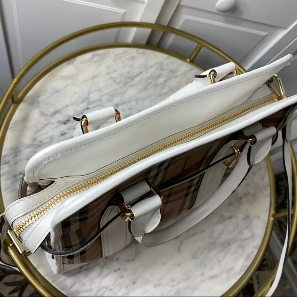 VTG Burberry Minford Satchel Haymarket Coated Canvas White Leather Gold Hardware - Picture 8 of 16